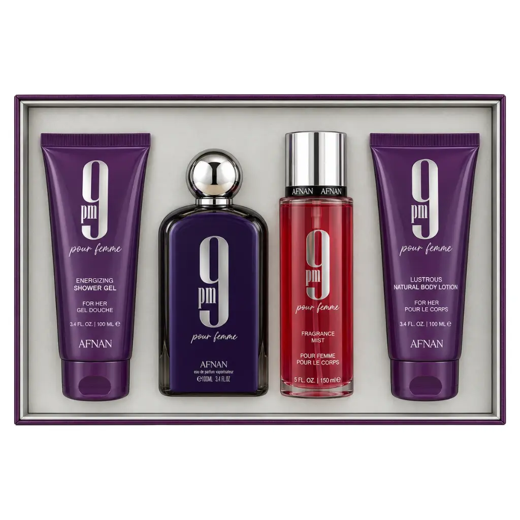 Set Afnan 9pm Purple 4p Edp 100ml + Shower Gel 100ml + Body Mist 150ml + Body Lotion 100ml