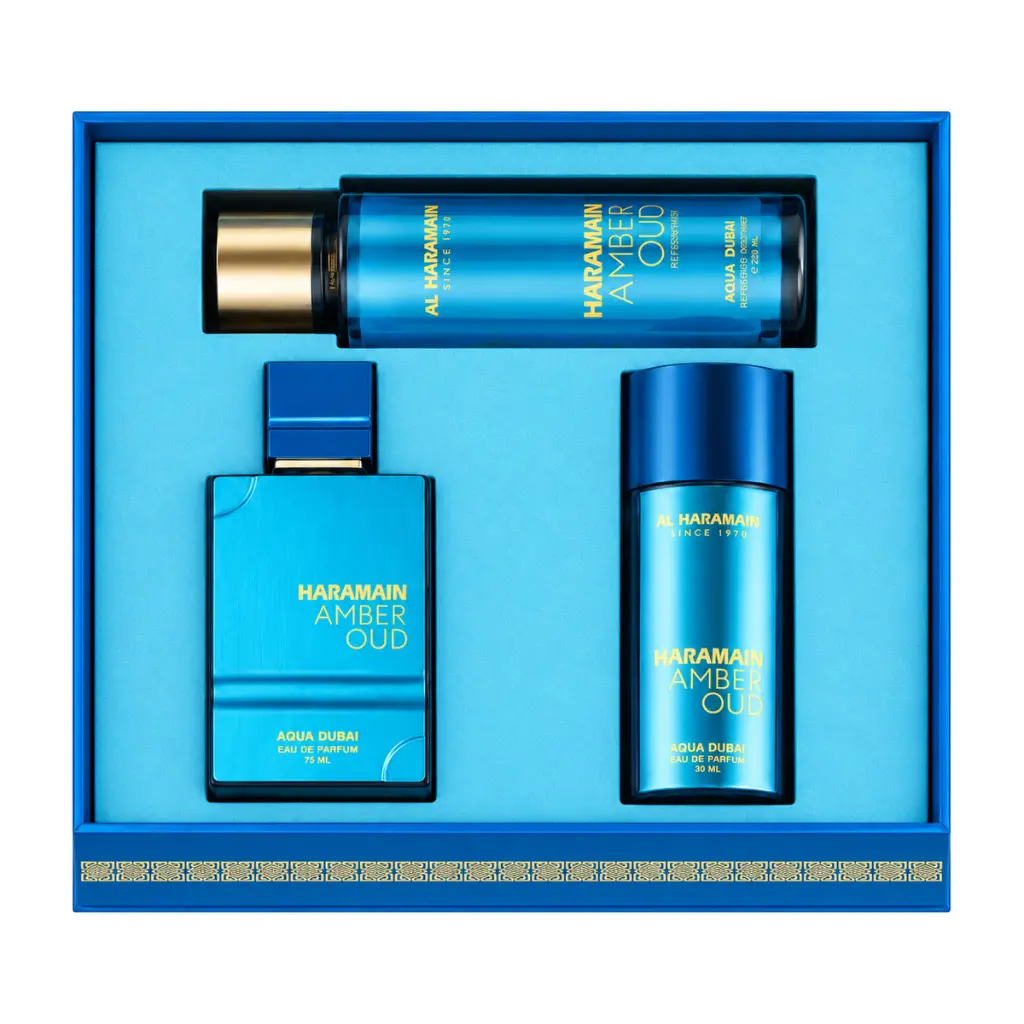 Set Al Haramain Amber Oud Aqua Dubai 3P Extrait de Parfum 75ml + 30ml + Fragrance Mist 250ml